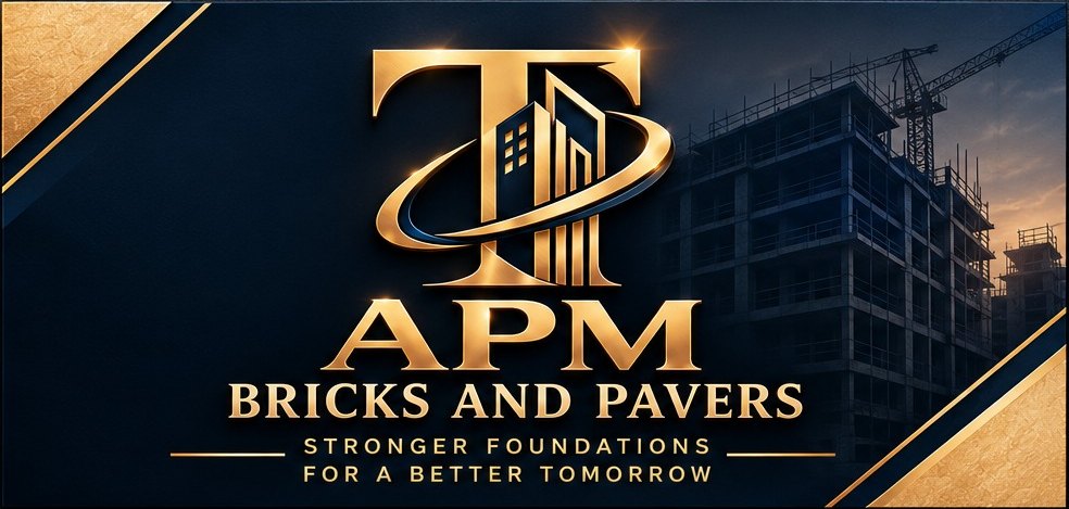 APM Bricks and Pavers visiting card, front: gold APM logo with the line Stronger foundations for a better tomorrow