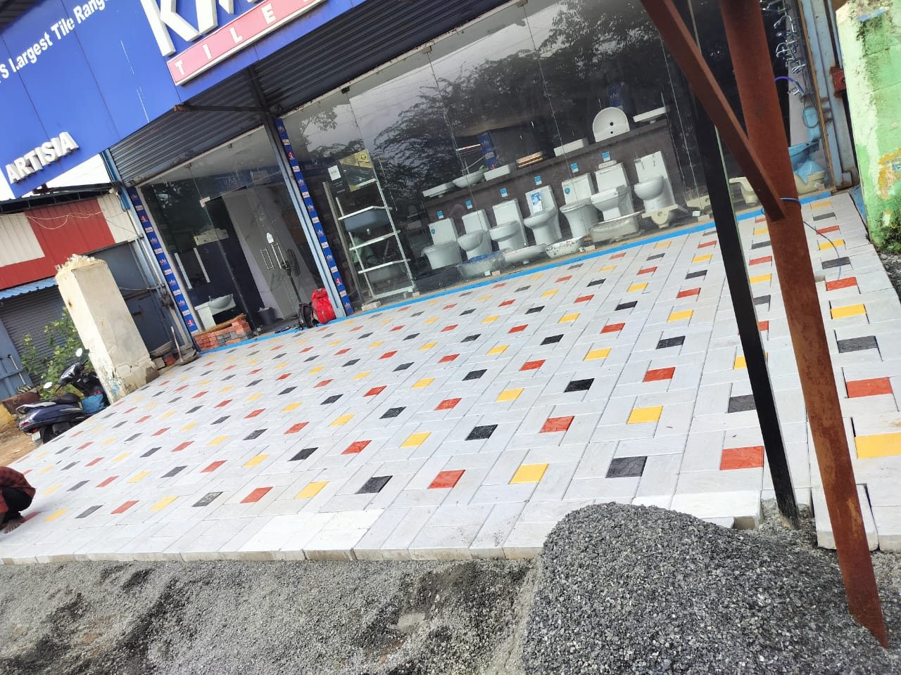 Shop front with coloured square inserts